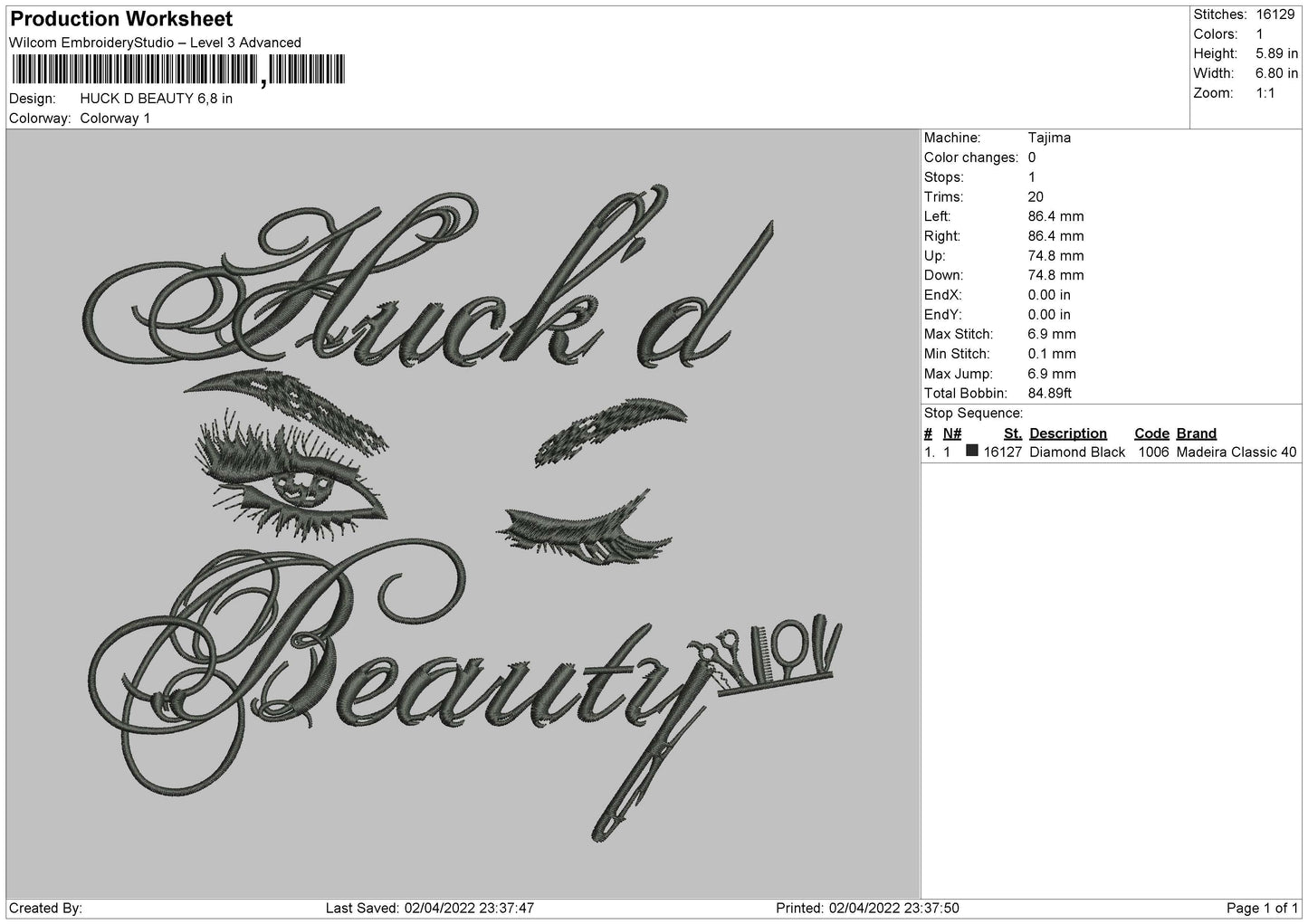 Huck D Beauty Embroidery File 4 size