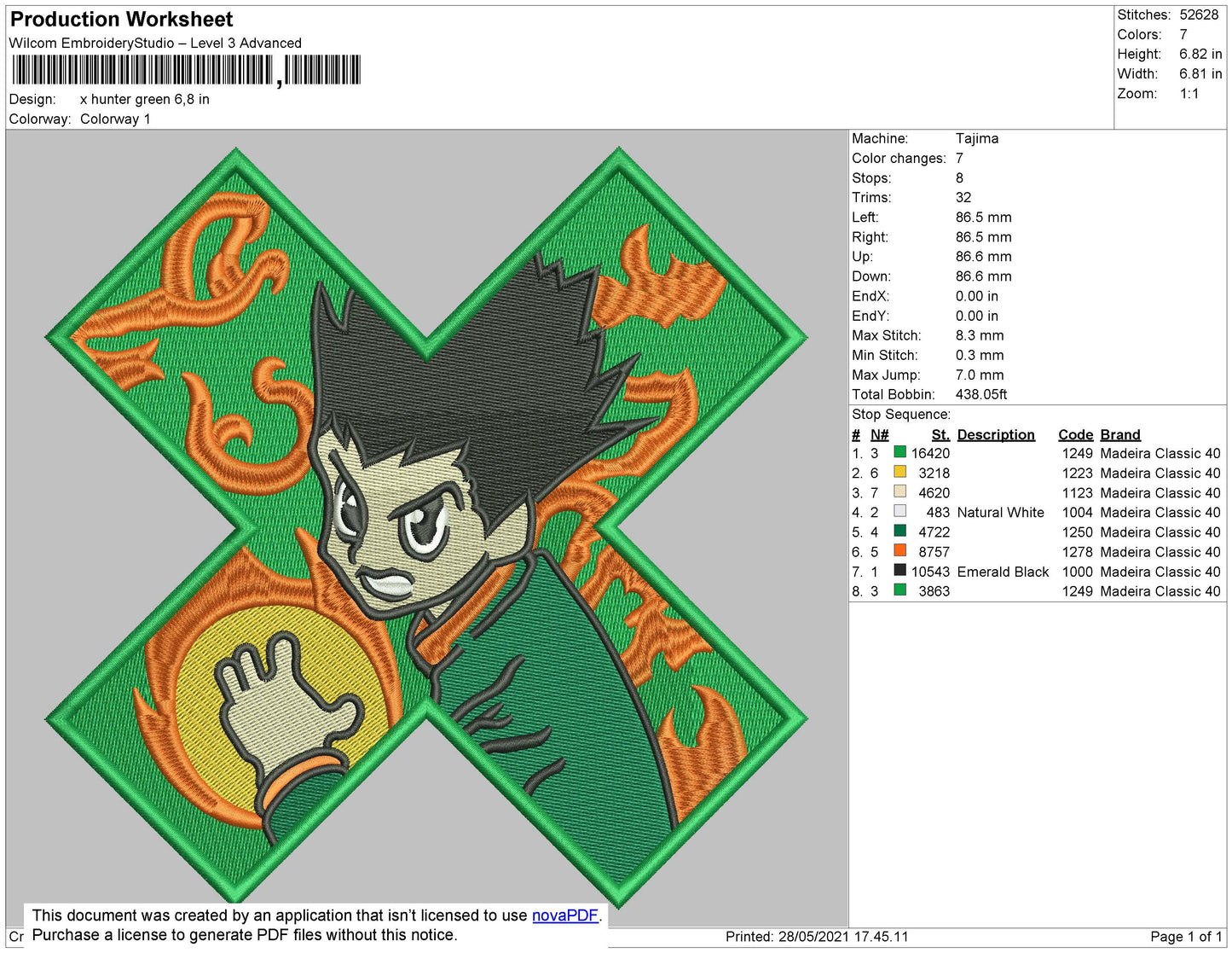 H X H Green Embroidery File 4 size