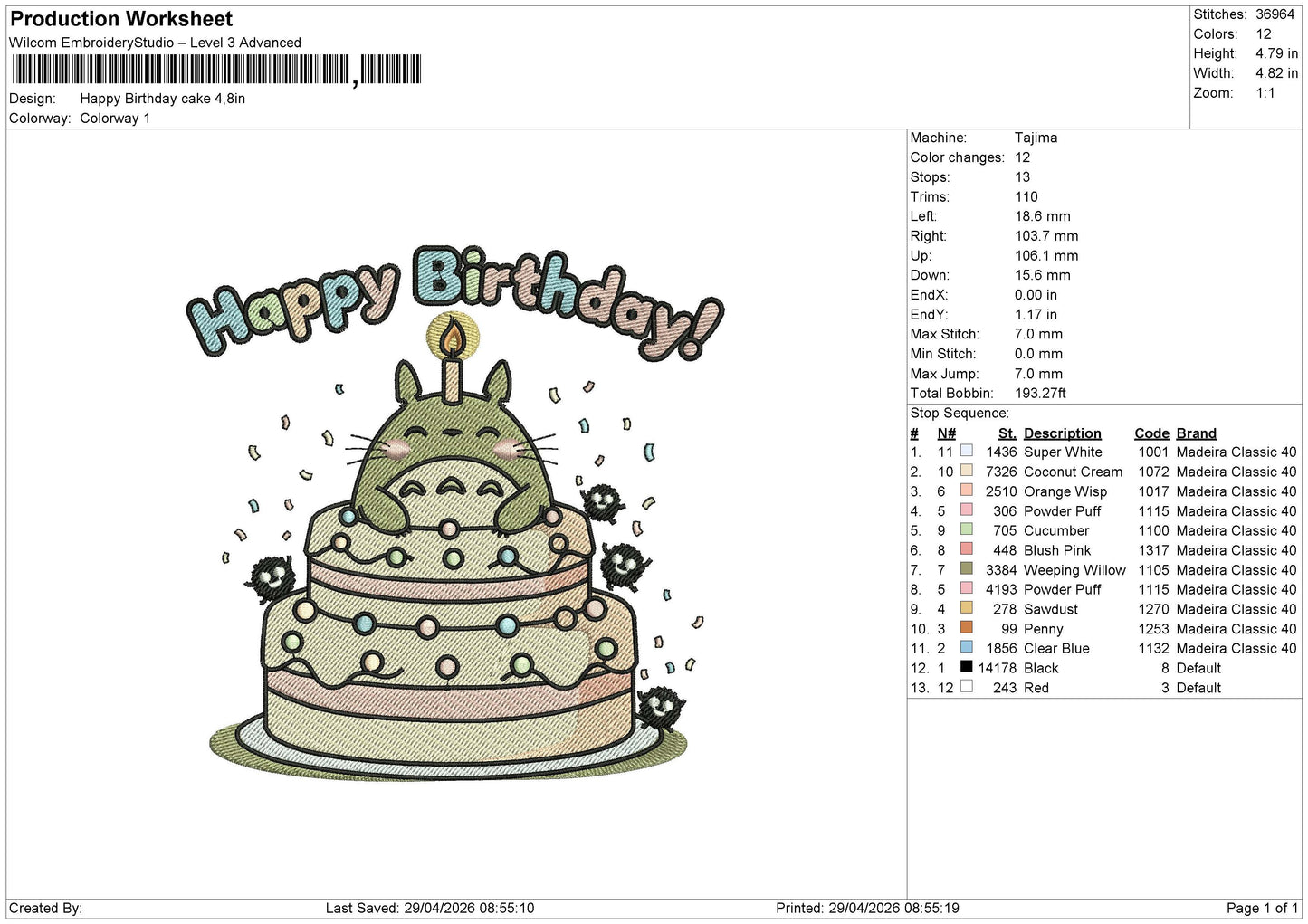 Happy Birthday cake Embroidery File 6 sizes
