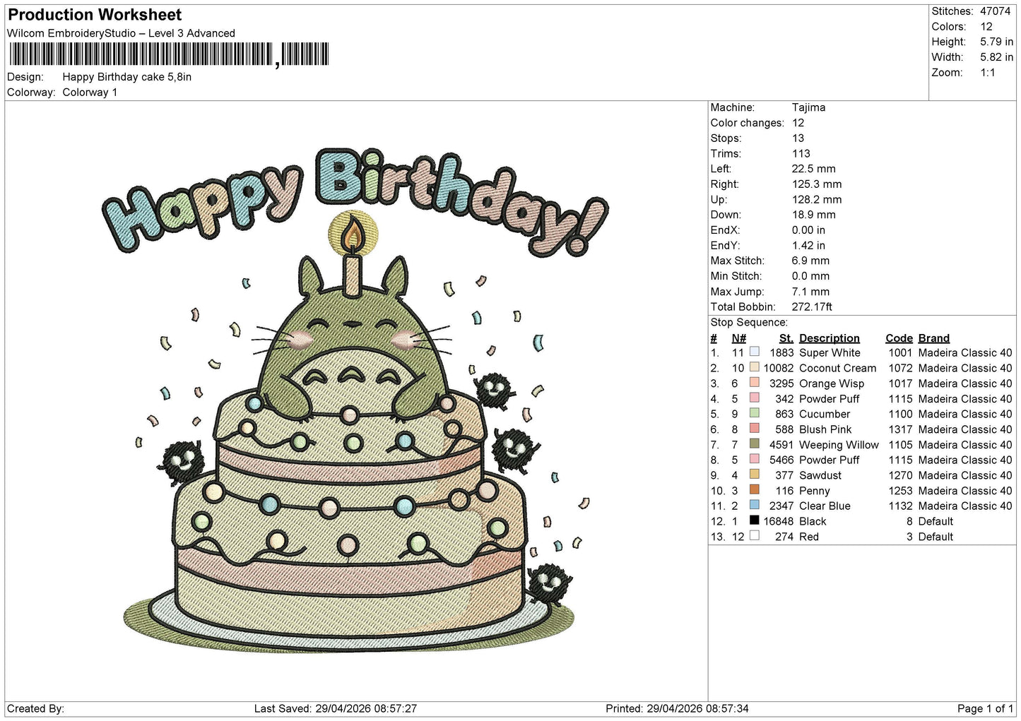 Happy Birthday cake Embroidery File 6 sizes