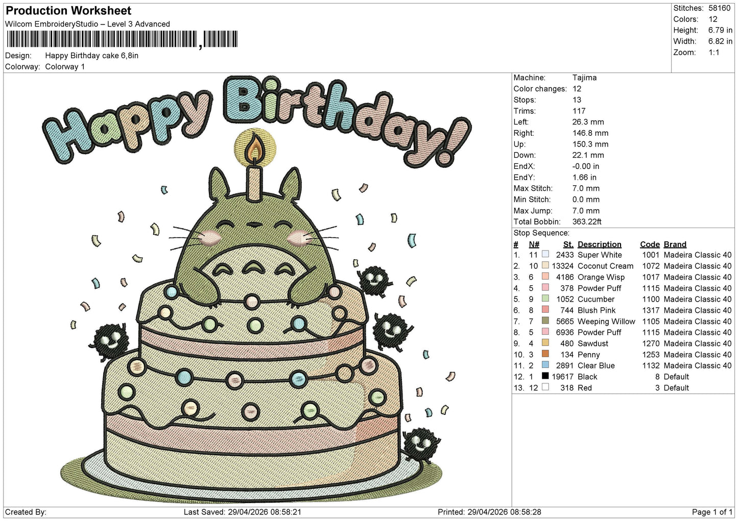 Happy Birthday cake Embroidery File 6 sizes