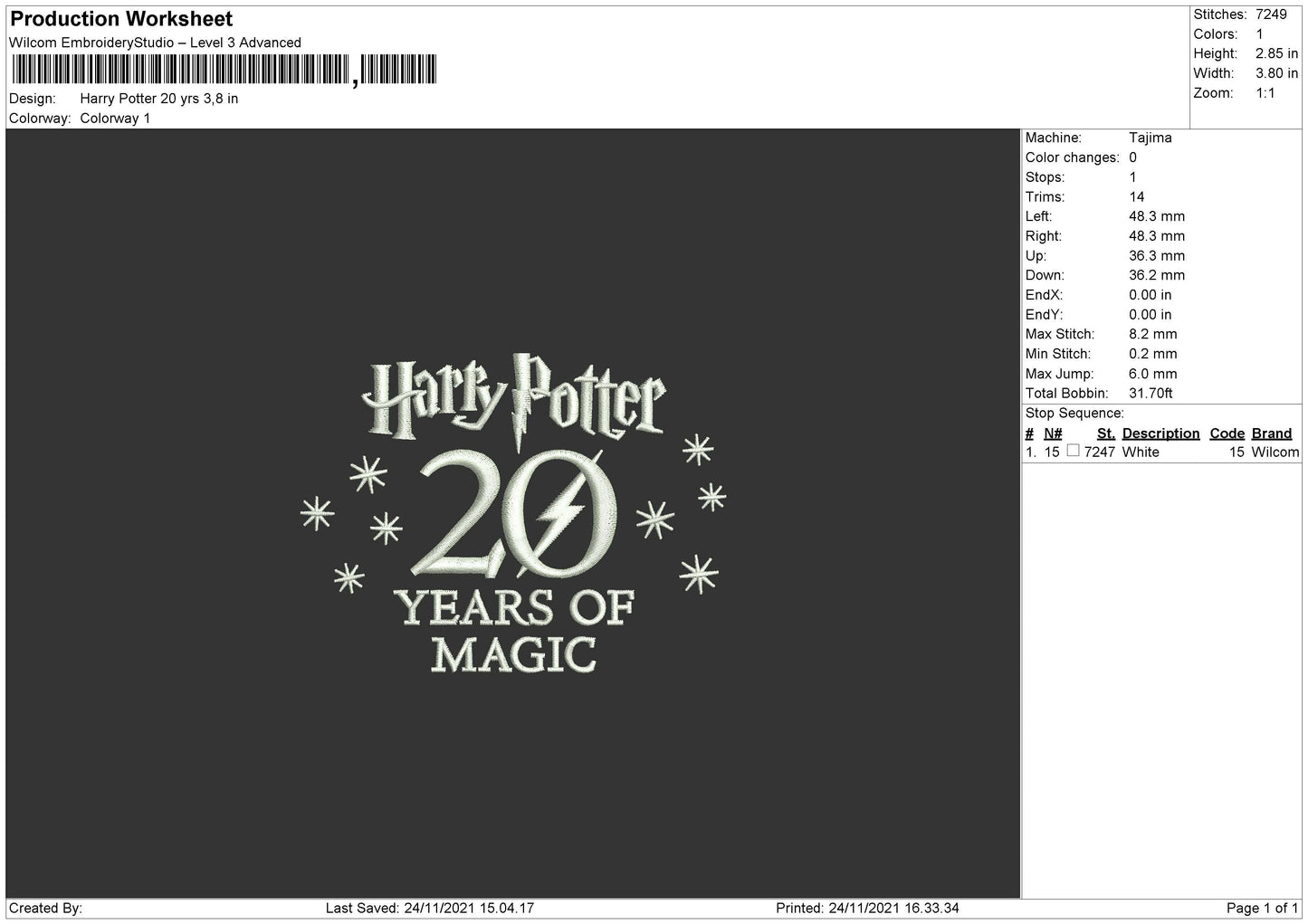 Harry Potter 20 Yrs Embroidery File 4 size