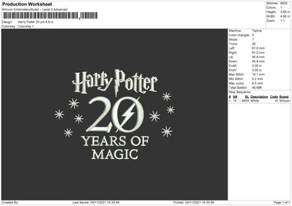 Harry Potter 20 Yrs Embroidery File 4 size