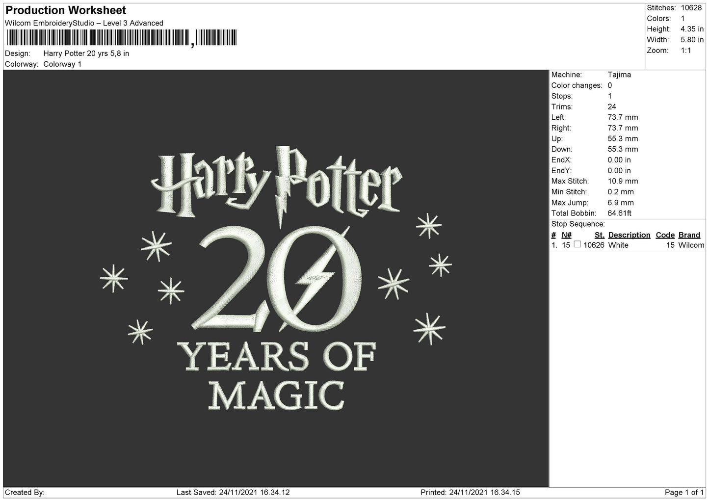 Harry Potter 20 Yrs Embroidery File 4 size