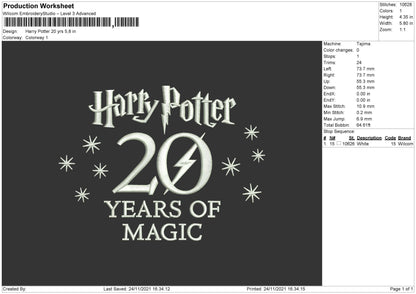 Harry Potter 20 Yrs Embroidery File 4 size