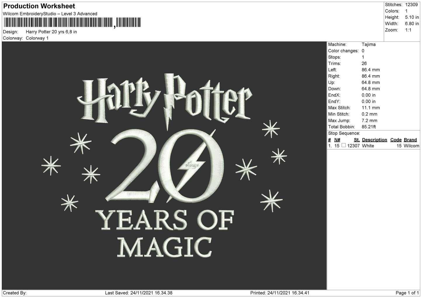 Harry Potter 20 Yrs Embroidery File 4 size