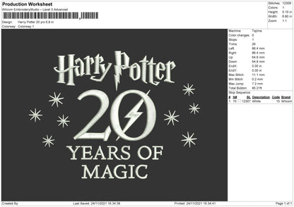 Harry Potter 20 Yrs Embroidery File 4 size