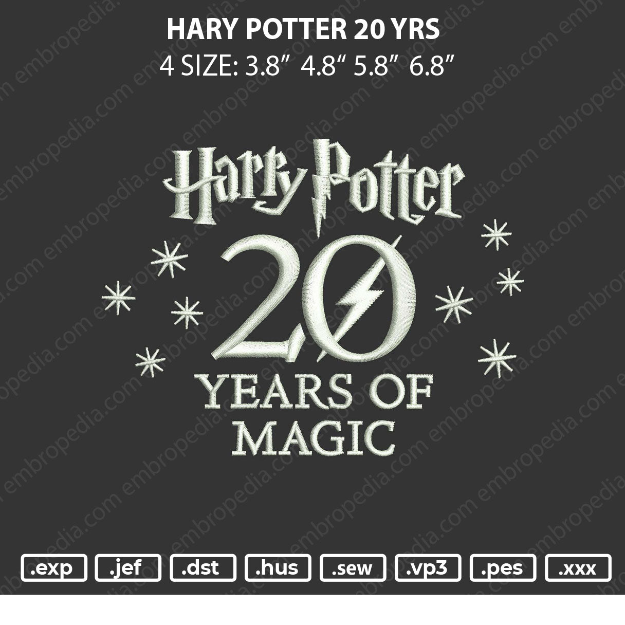 Harry Potter 20 Yrs Embroidery File 4 size