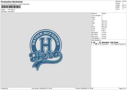 Hero Embroidery File 6 sizes
