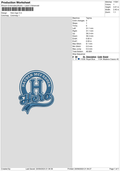 Hero Embroidery File 6 sizes