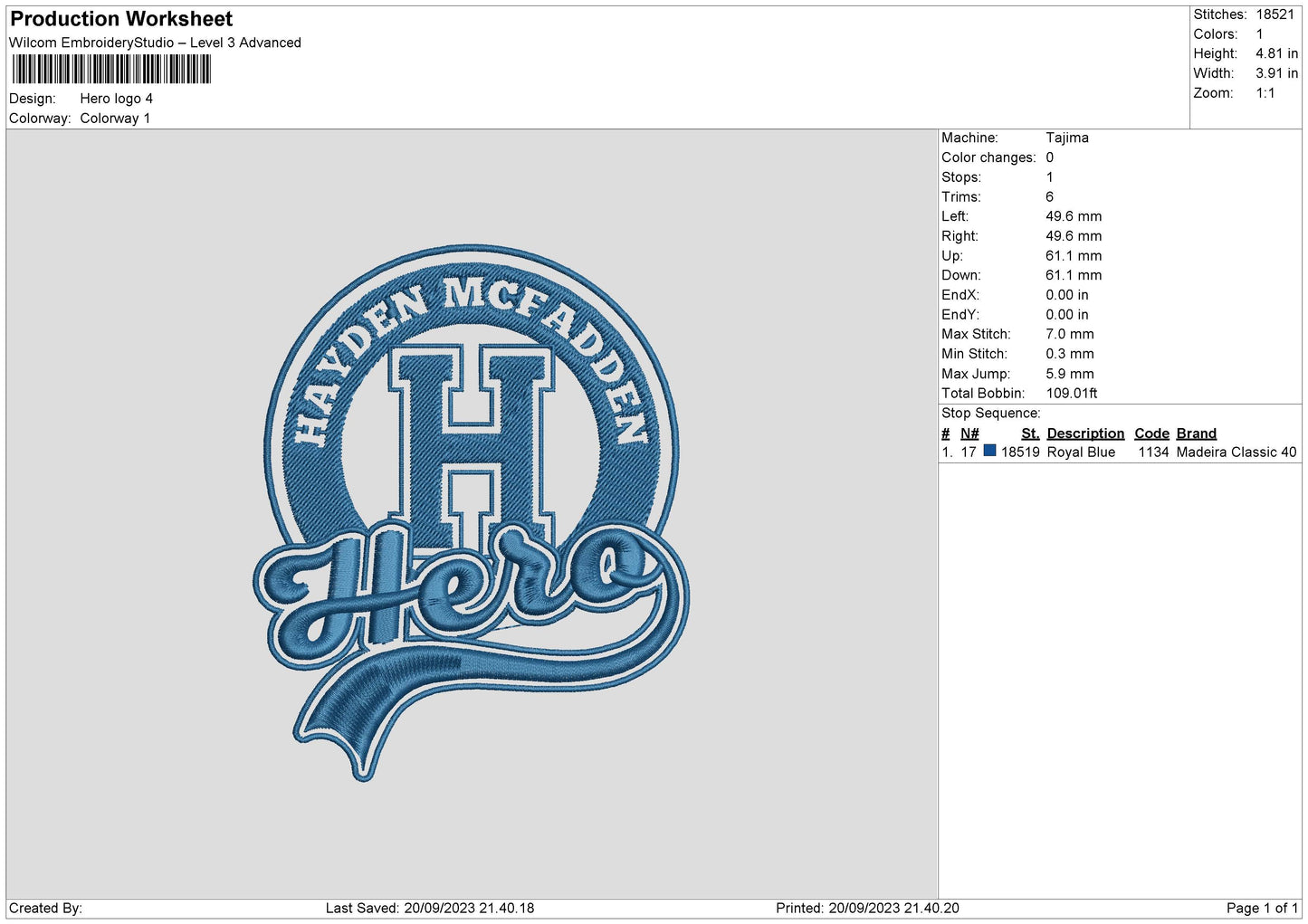 Hero Embroidery File 6 sizes
