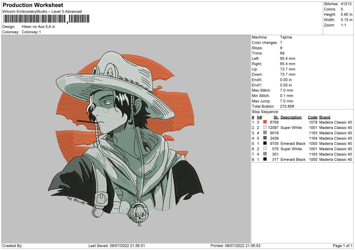 Hiken No Ace Embroidery File 4 sizes