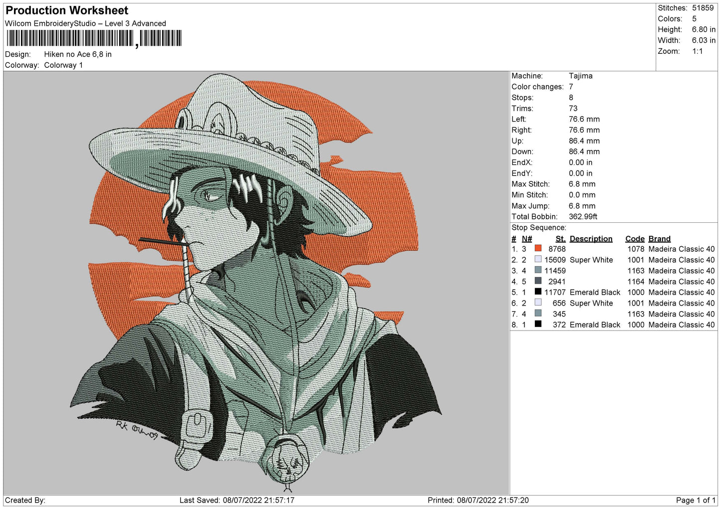 Hiken No Ace Embroidery File 4 sizes