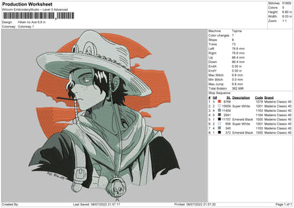 Hiken No Ace Embroidery File 4 sizes
