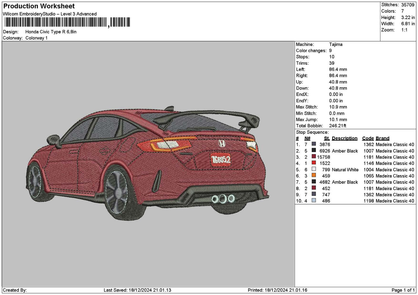 Red Car 1812 Embroidery File 6 sizes