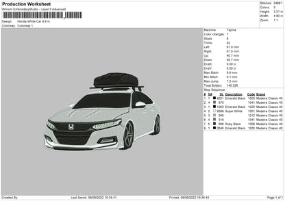 Honda White Car Embroidery File 4 Sizes