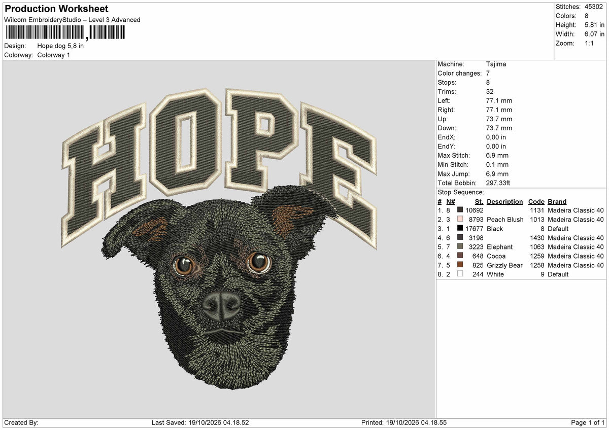 Hope Dog Embroidery Machine Design File 6 sizes
