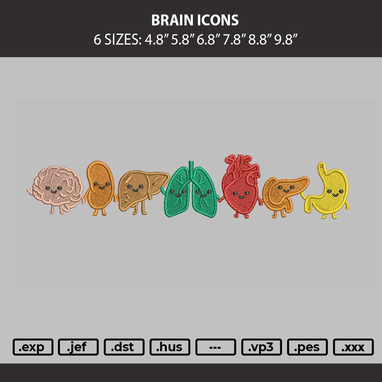 Brain Icon Embroidery Machine Design File 6 sizes
