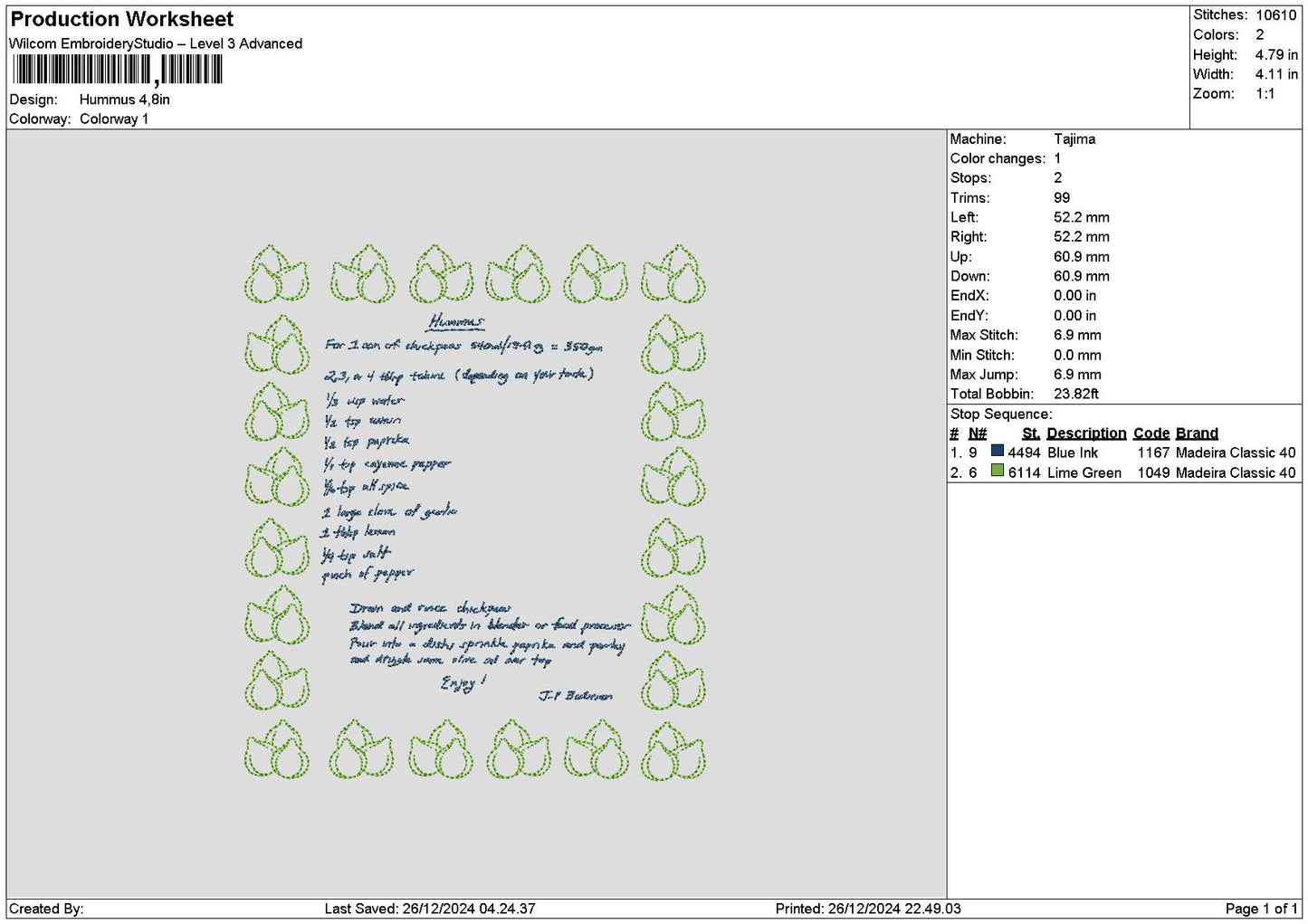 Hummus Receipt Embroidery File 6 sizes