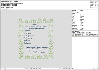 Hummus Receipt Embroidery File 6 sizes