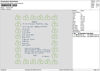 Hummus Receipt Embroidery File 6 sizes