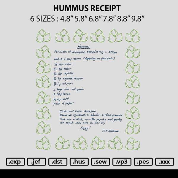 Hummus Receipt Embroidery File 6 sizes