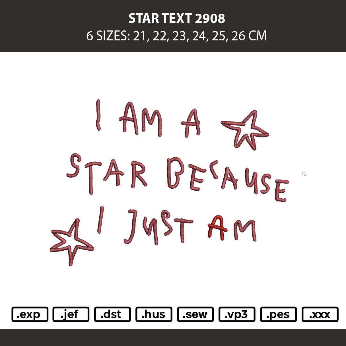 Star Text 2908 Embroidery Machine Design File 6 sizes