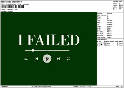 Failedtext Embroidery File 6 sizes