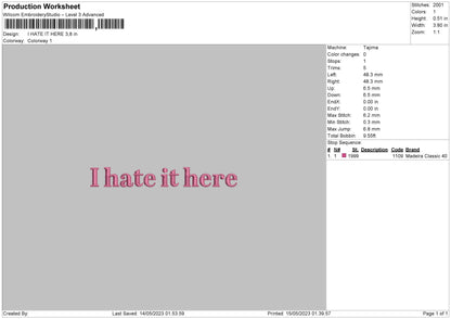 I Hate It Embroidery File 6 sizes