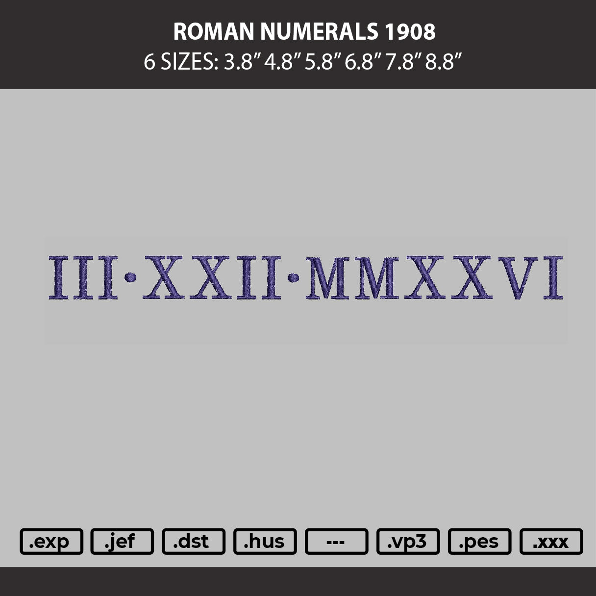 Roman Numerals 1908 Embroidery Machine Design File 6 sizes