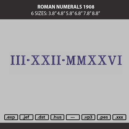 Roman Numerals 1908 Embroidery Machine Design File 6 sizes