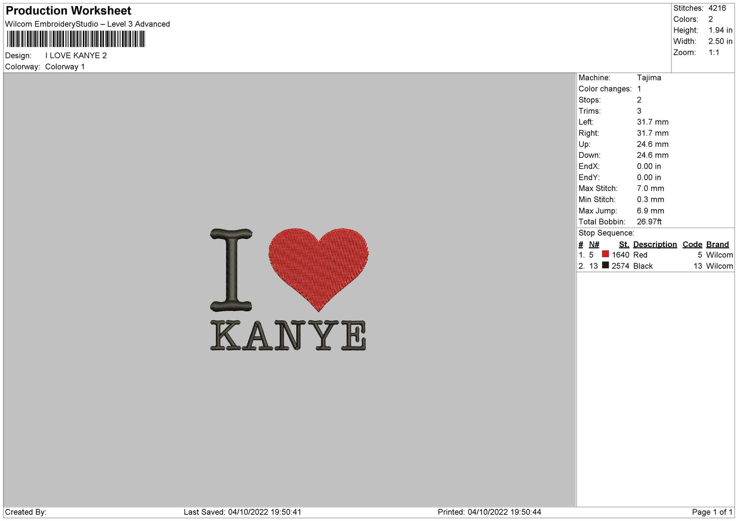I Love Kanye Embroidery File 7 sizes