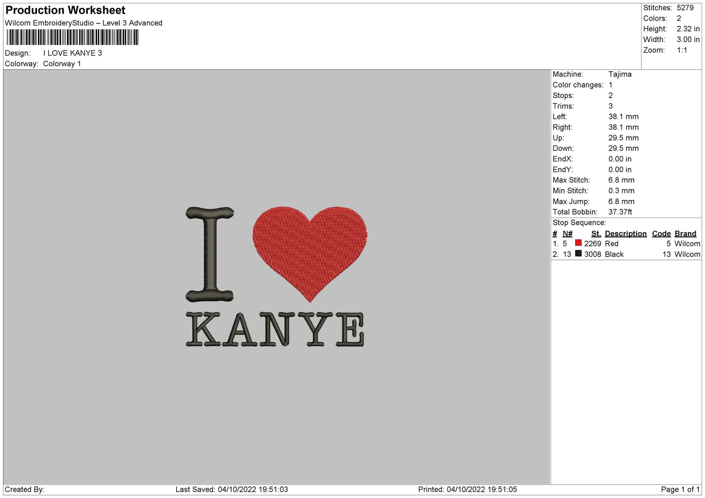 I Love Kanye Embroidery File 7 sizes