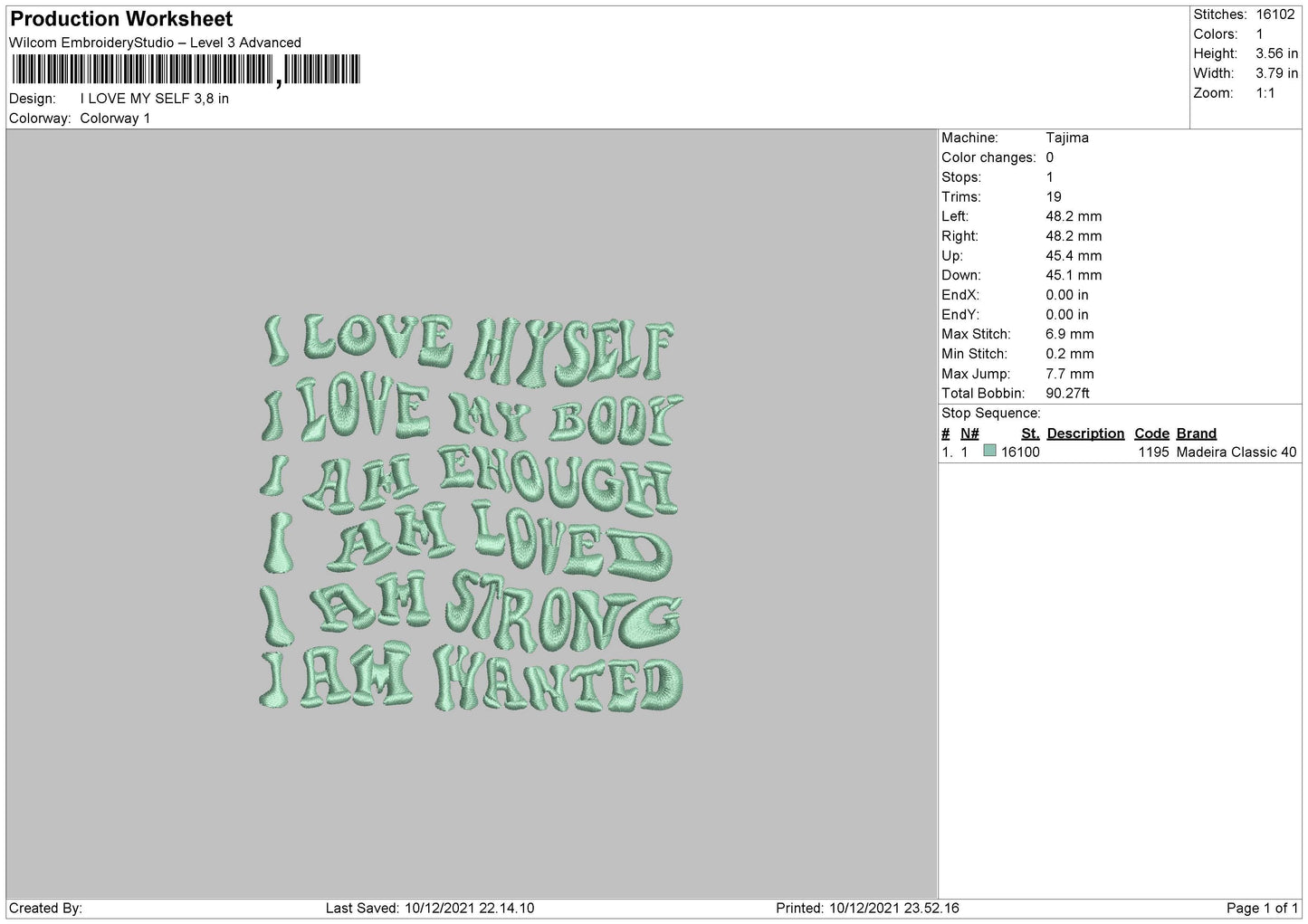 I Love My Self Embroidery File 4 size