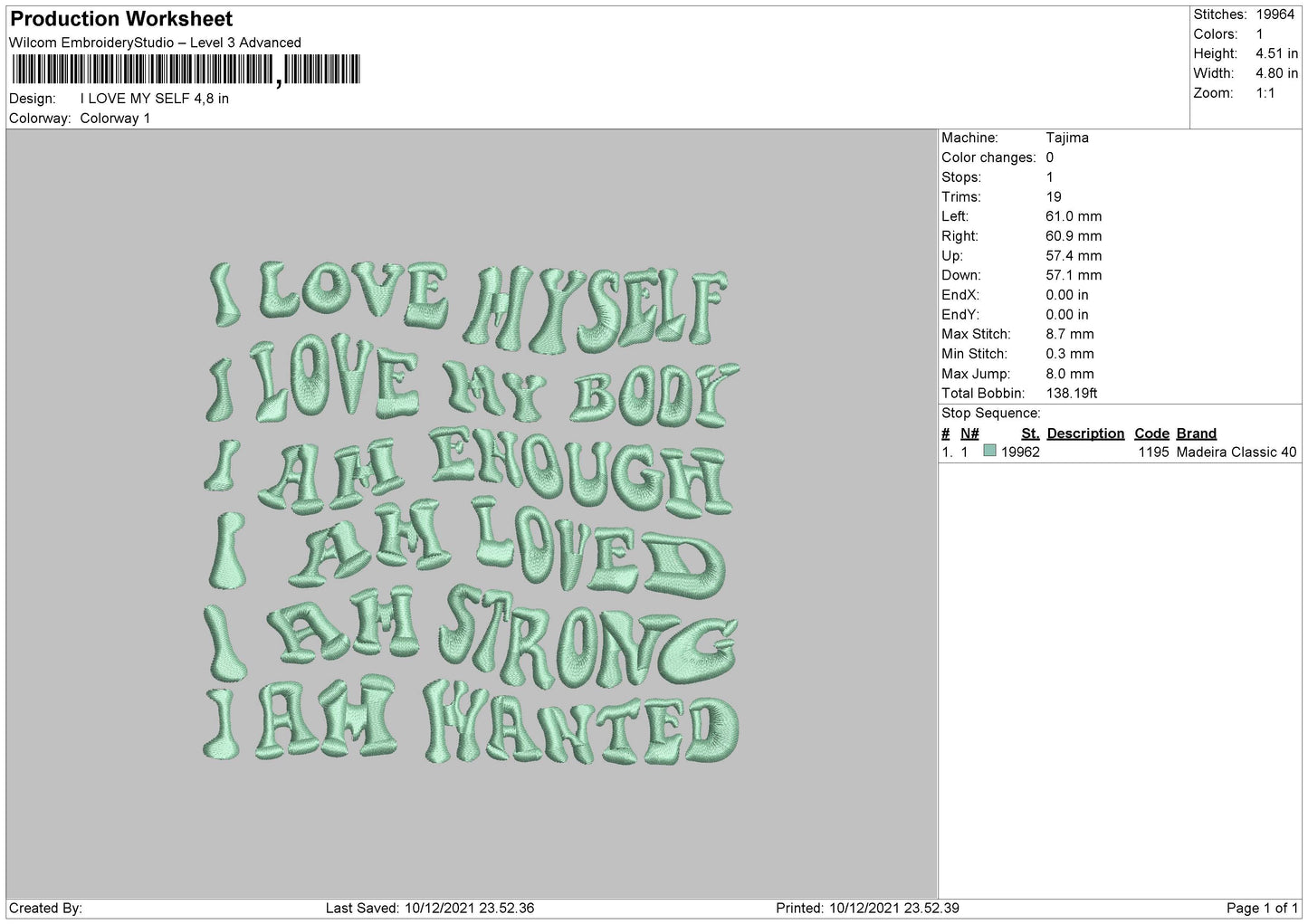 I Love My Self Embroidery File 4 size