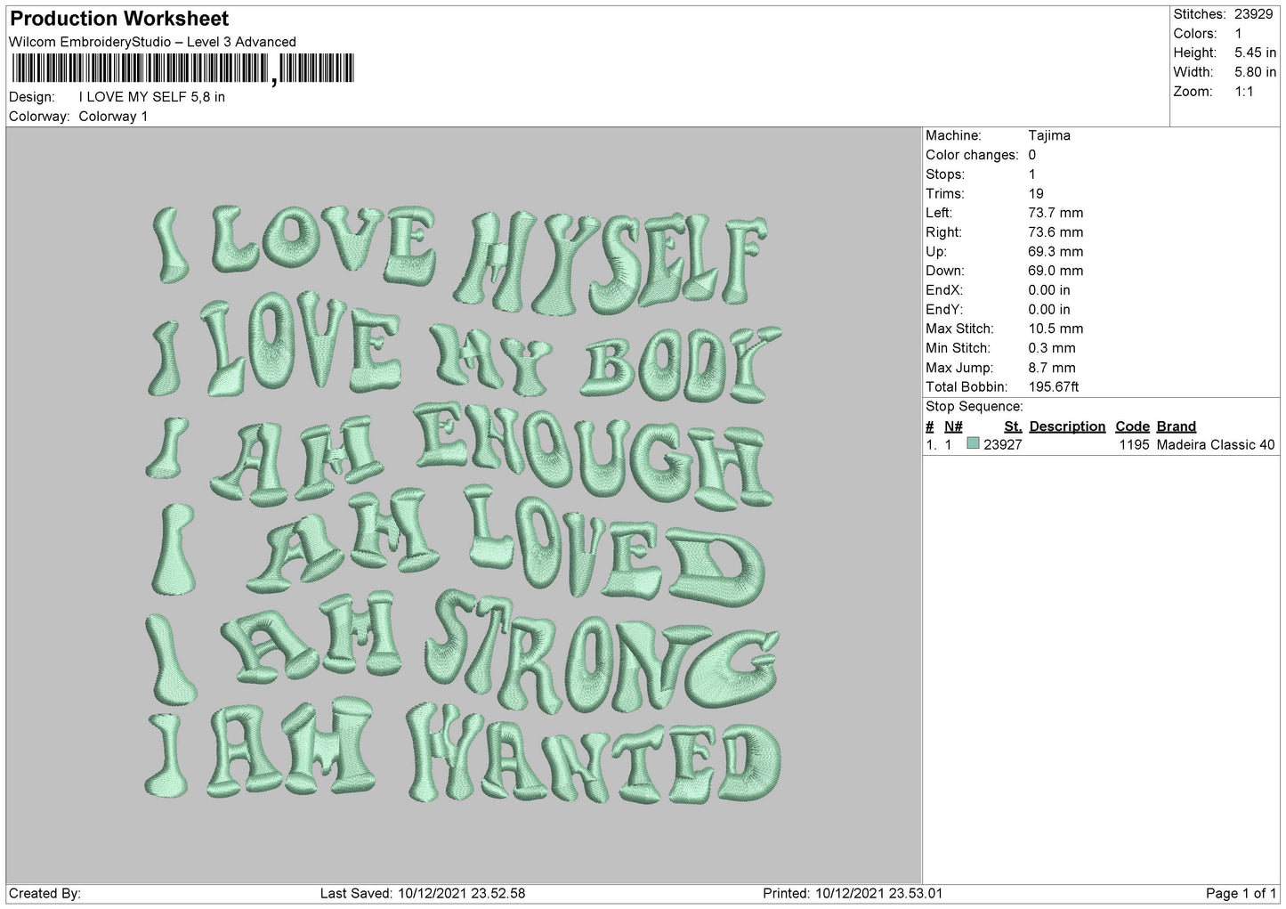 I Love My Self Embroidery File 4 size