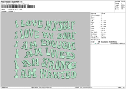 I Love My Self Embroidery File 4 size