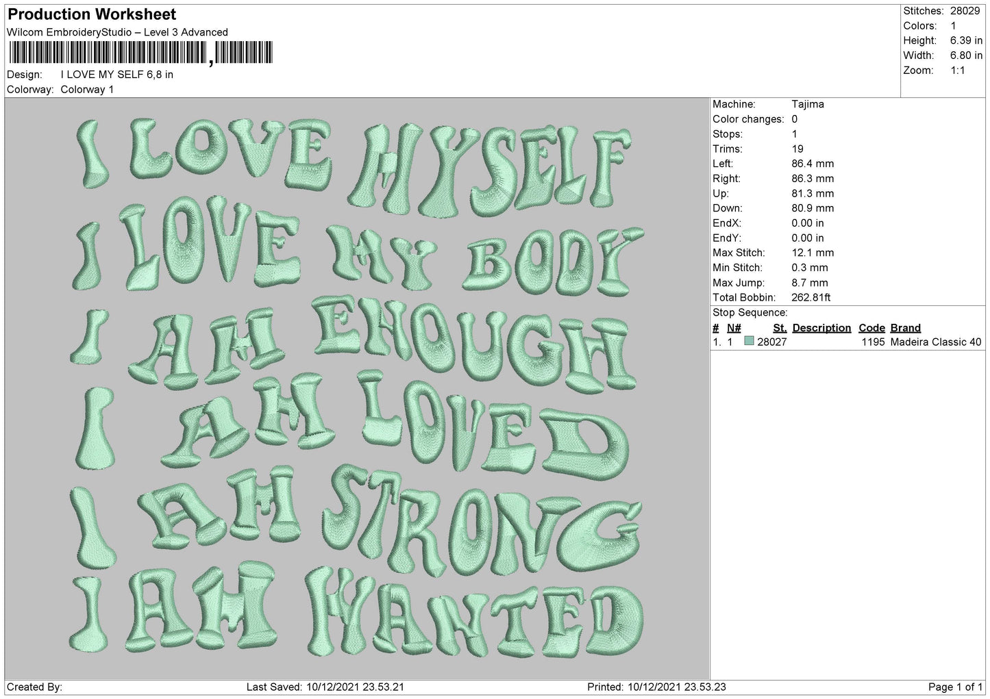 I Love My Self Embroidery File 4 size