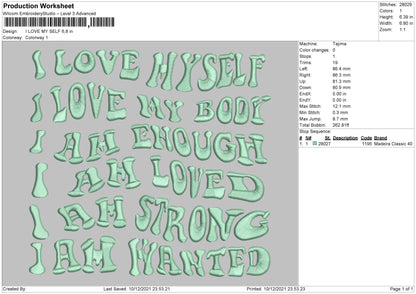 I Love My Self Embroidery File 4 size