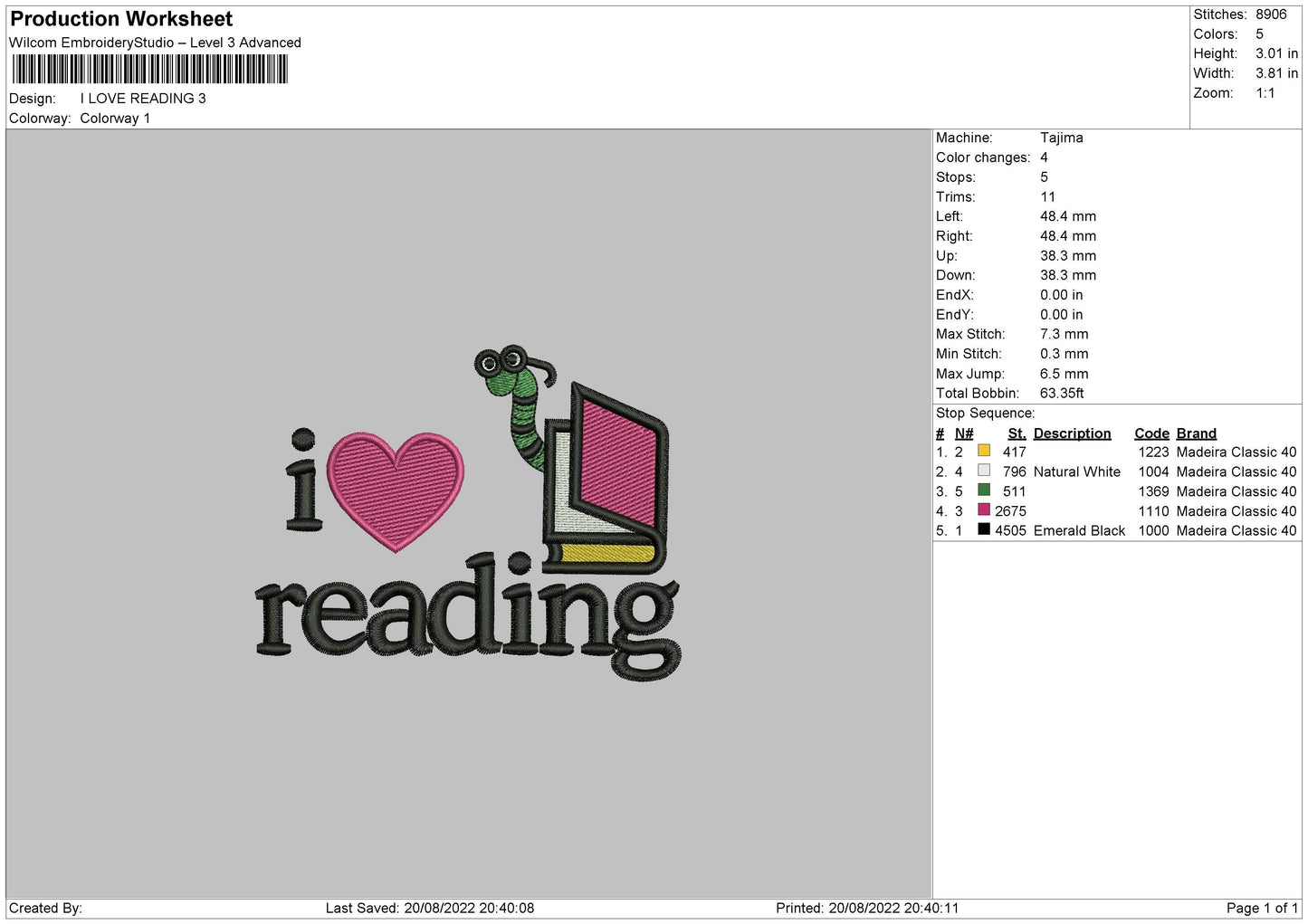 I Love Reading Embroidery File 5 sizes
