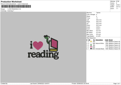 I Love Reading Embroidery File 5 sizes