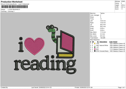 I Love Reading Embroidery File 5 sizes