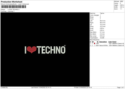 I Love Techno Embroidery File 4 size