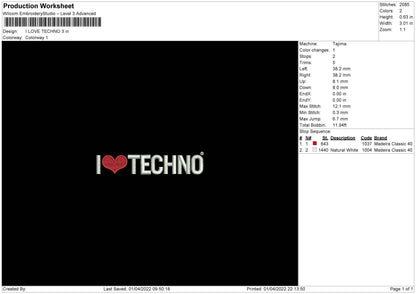 I Love Techno Embroidery File 4 size