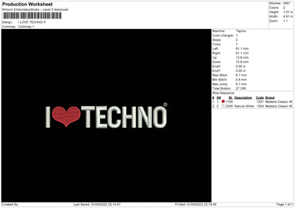 I Love Techno Embroidery File 4 size