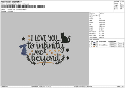 I Love You To Infinity Embroidery File 4 size