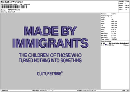 Immigrants Text Embroidery File 6 sizes