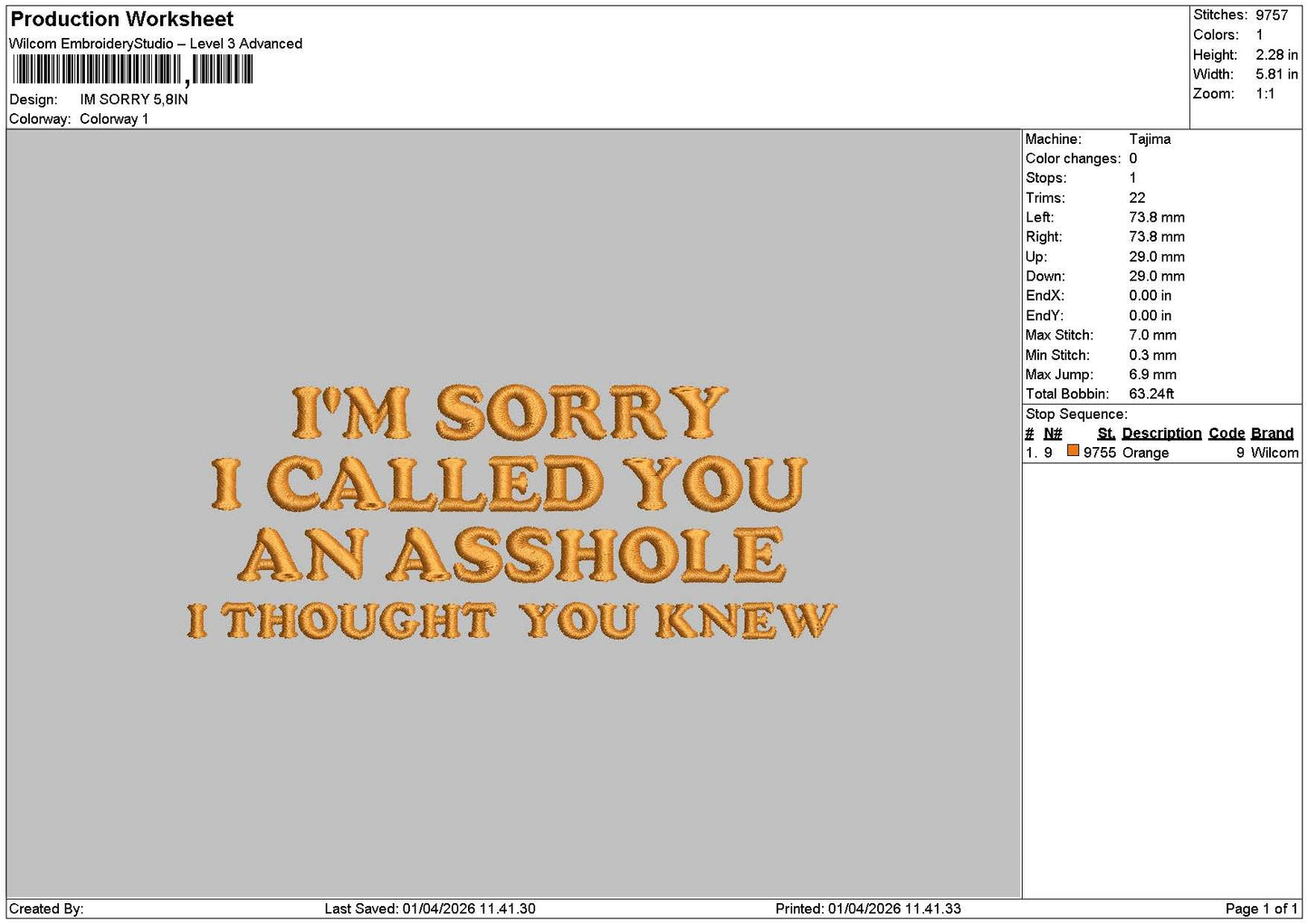 Sorrytext 014 Embroidery File 6 sizes