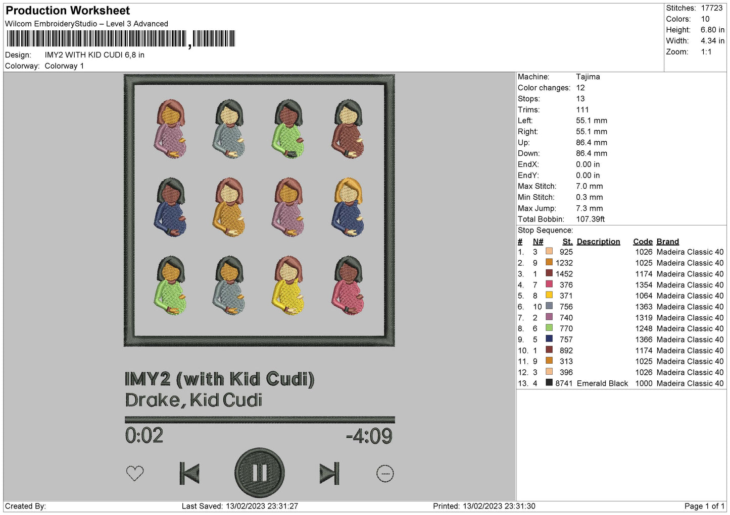 Player Song 01 Embroidery File 6 sizes