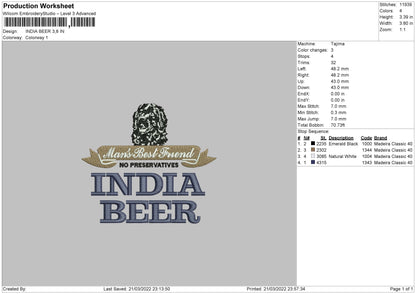 India Beer Embroidery File 4 size